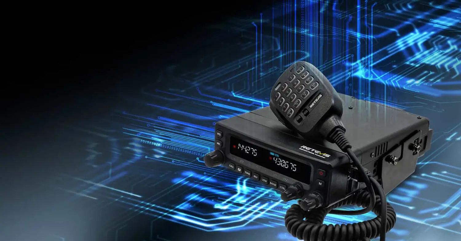 Black Retevis MA1 dual band mobile ham radio with microphone for superior communication.