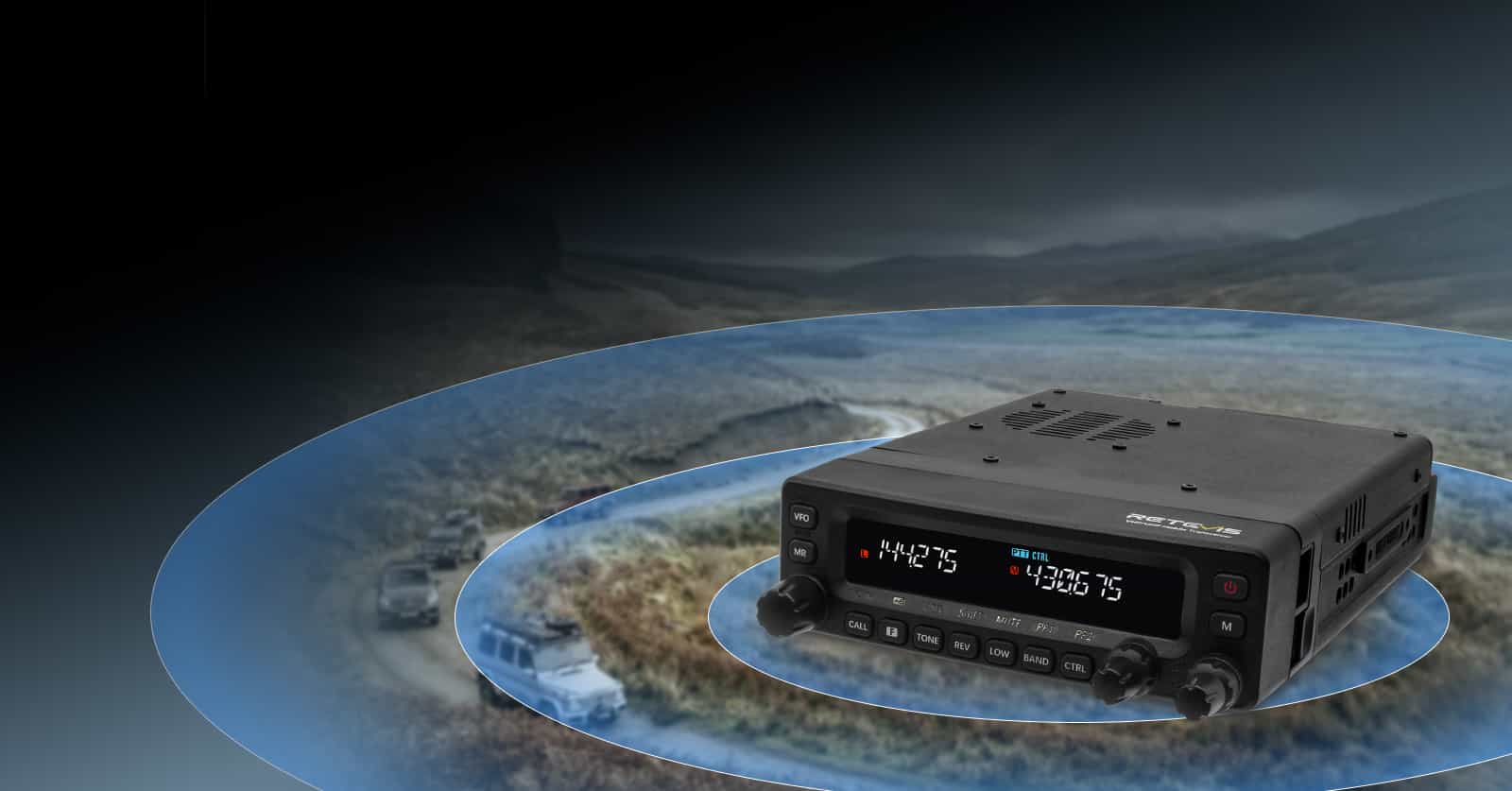 Black Retevis MA1 Dual Band Ham Radio mobile transceiver with detachable front panel.