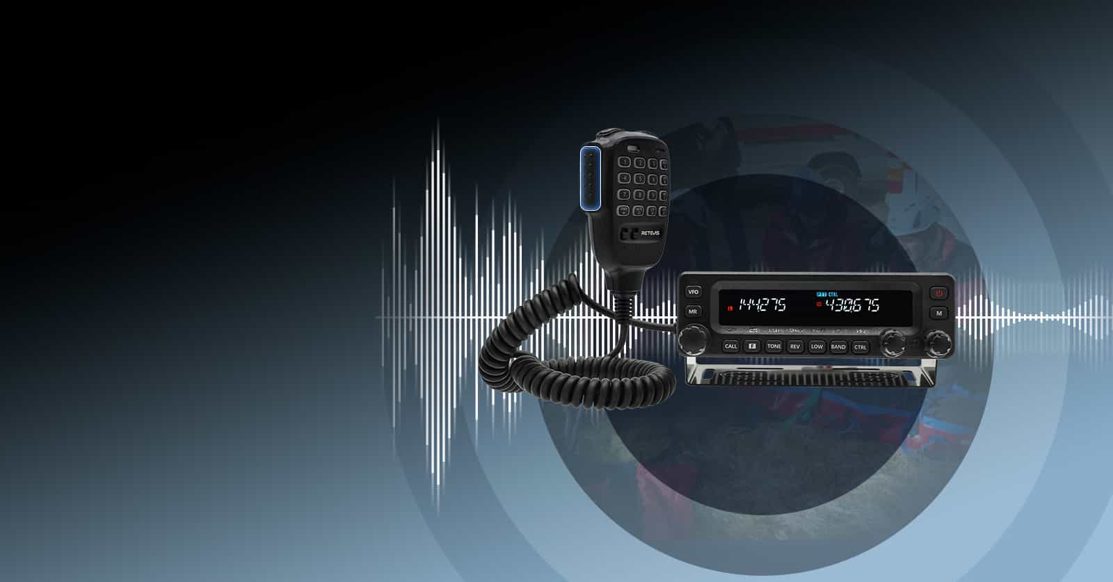 Black Retevis MA1 ham radio with microphone in a dual band mobile design.