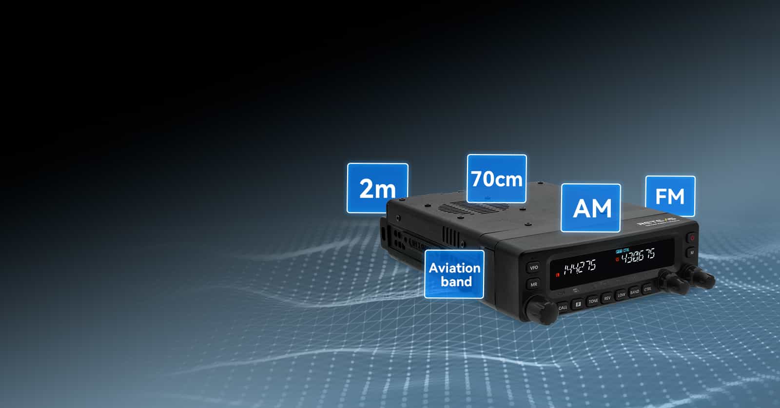 Black multi-band transceiver of Retevis MA1 mobile ham radio with detachable front panel.