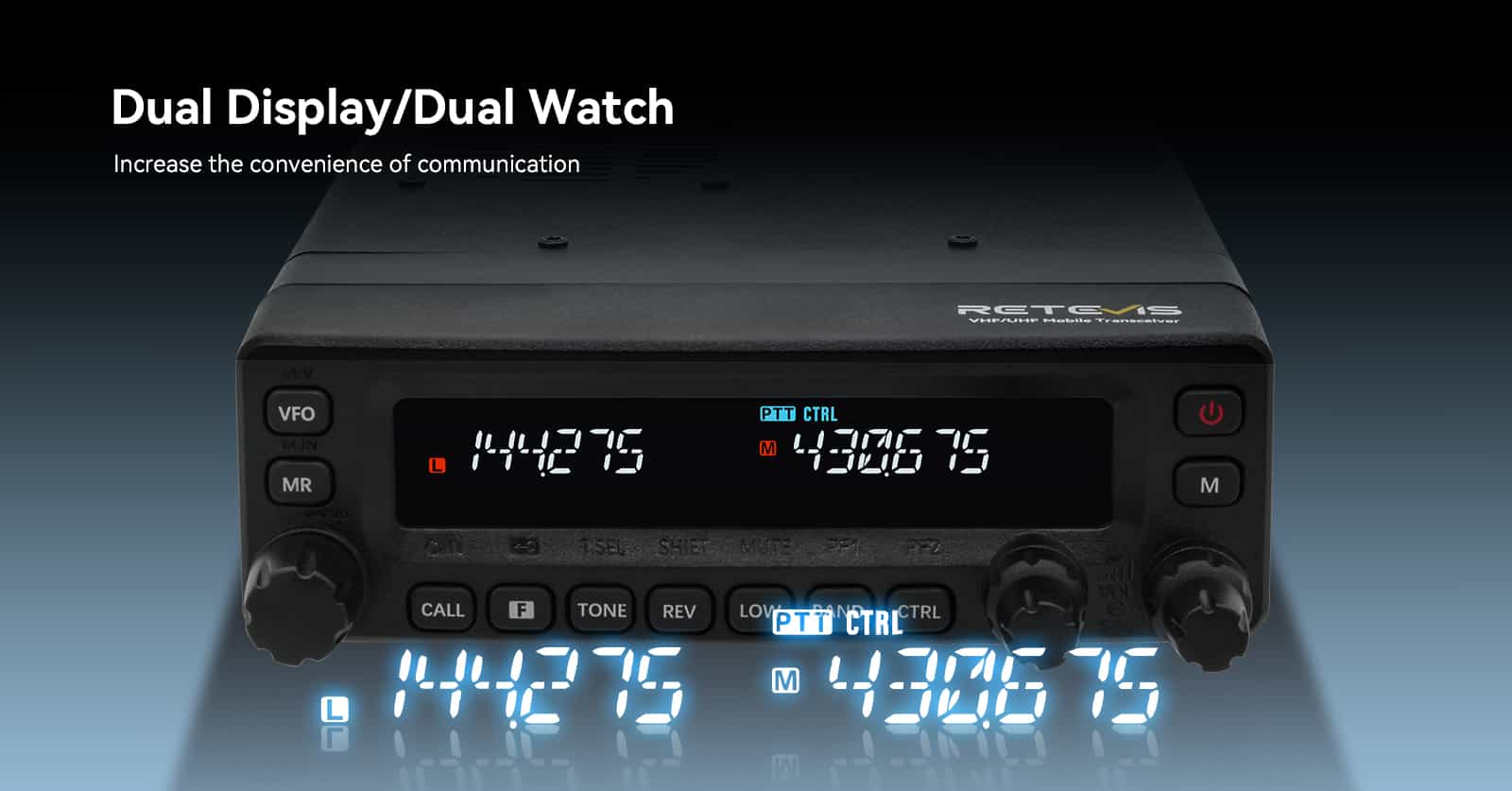 Retevis MA1 dual display radio transceiver for mobile amateur ham radio use.