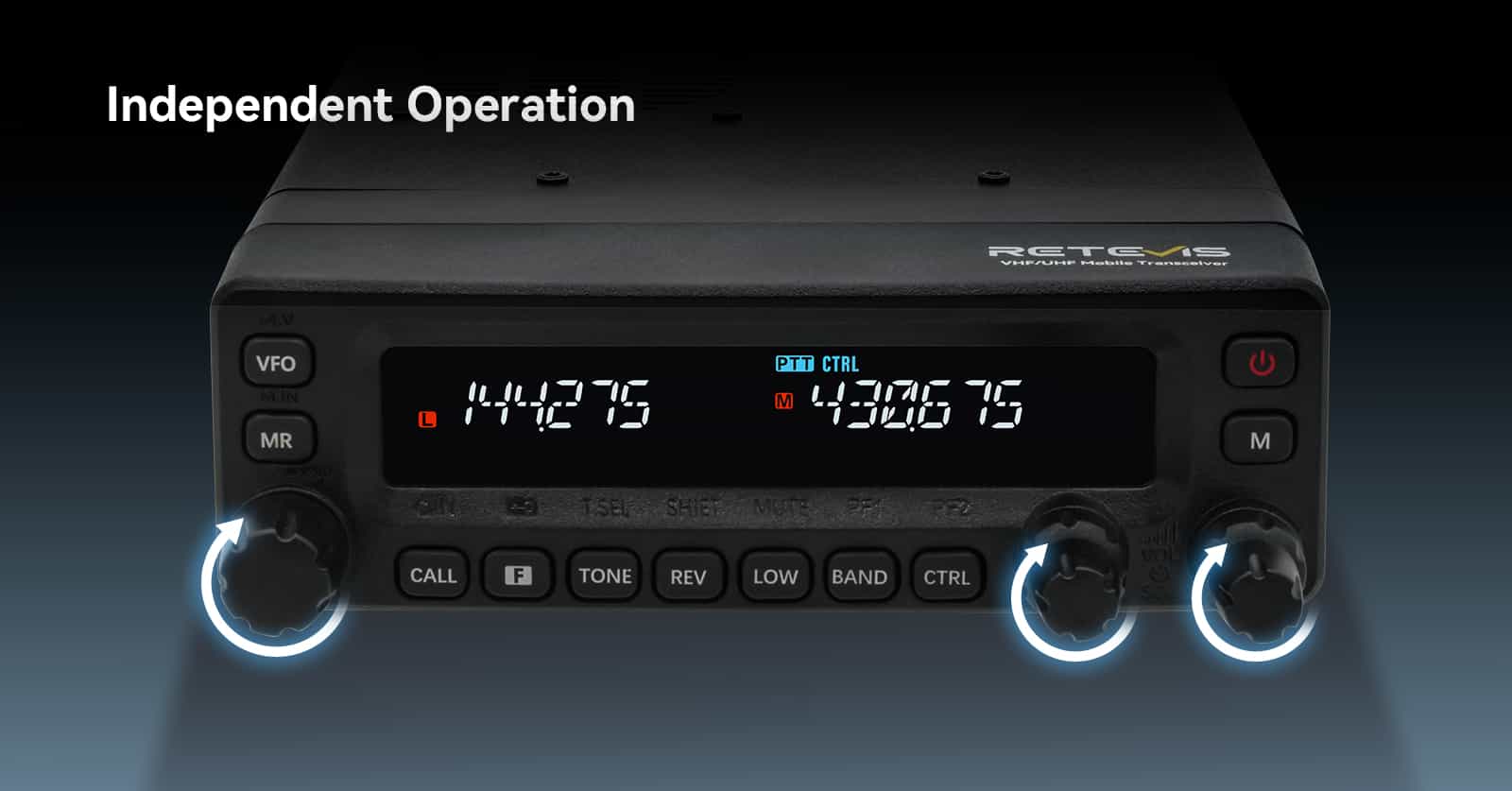 Black Retevis MA1 mobile ham radio transceiver showcasing dual band and detachable front panel.
