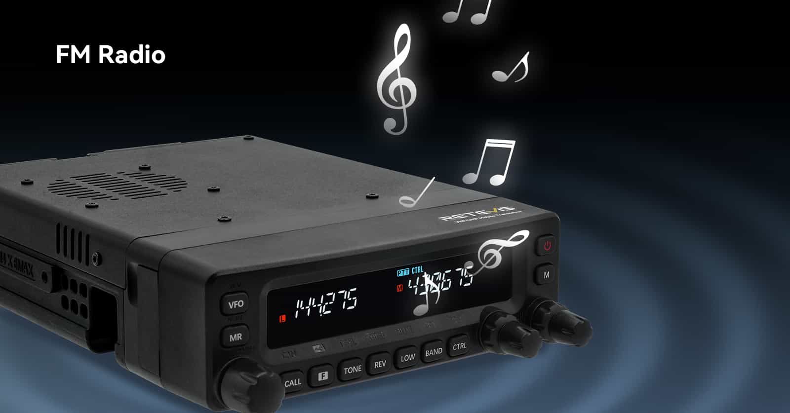 Black FM radio transceiver of the Retevis MA1 mobile ham radio with detachable front panel.