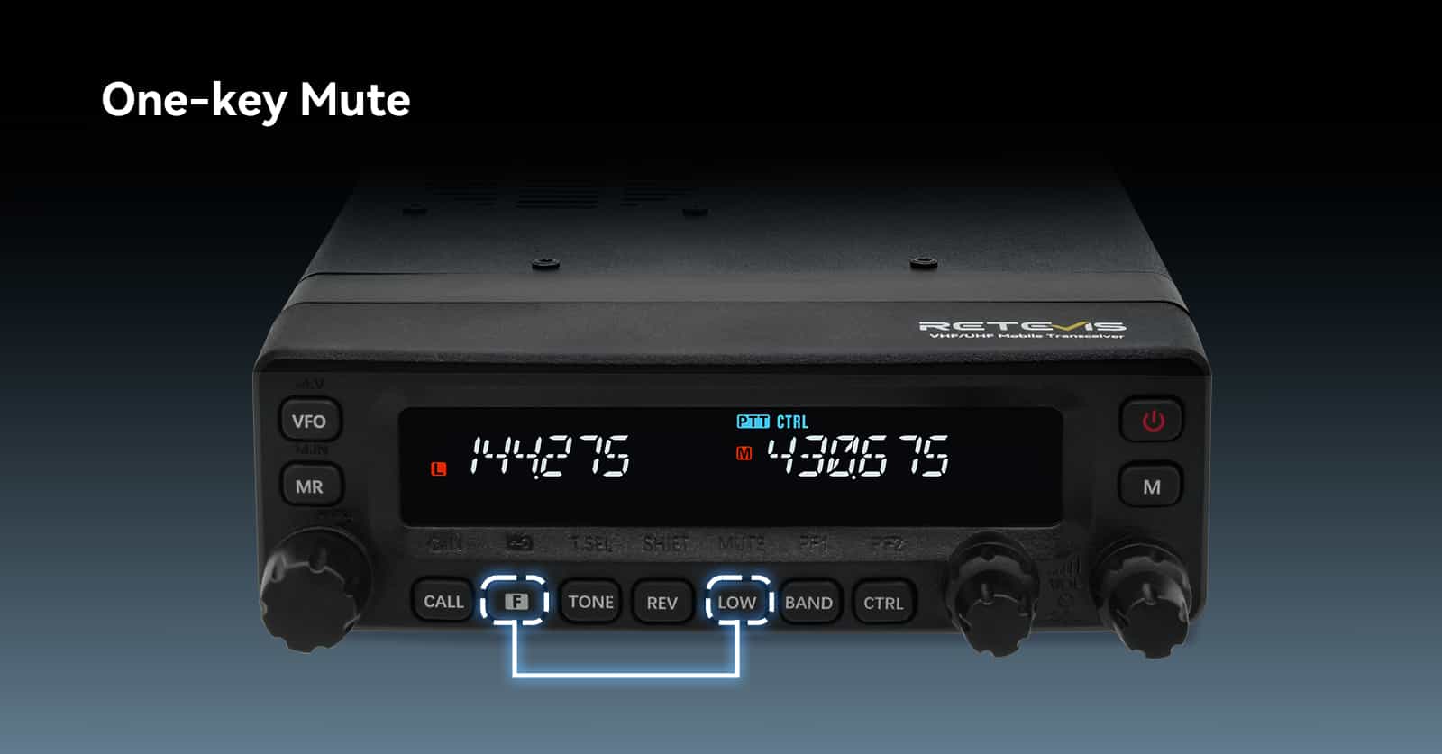 Black Retevis MA1 mobile ham radio, dual band 50W with detachable front panel.