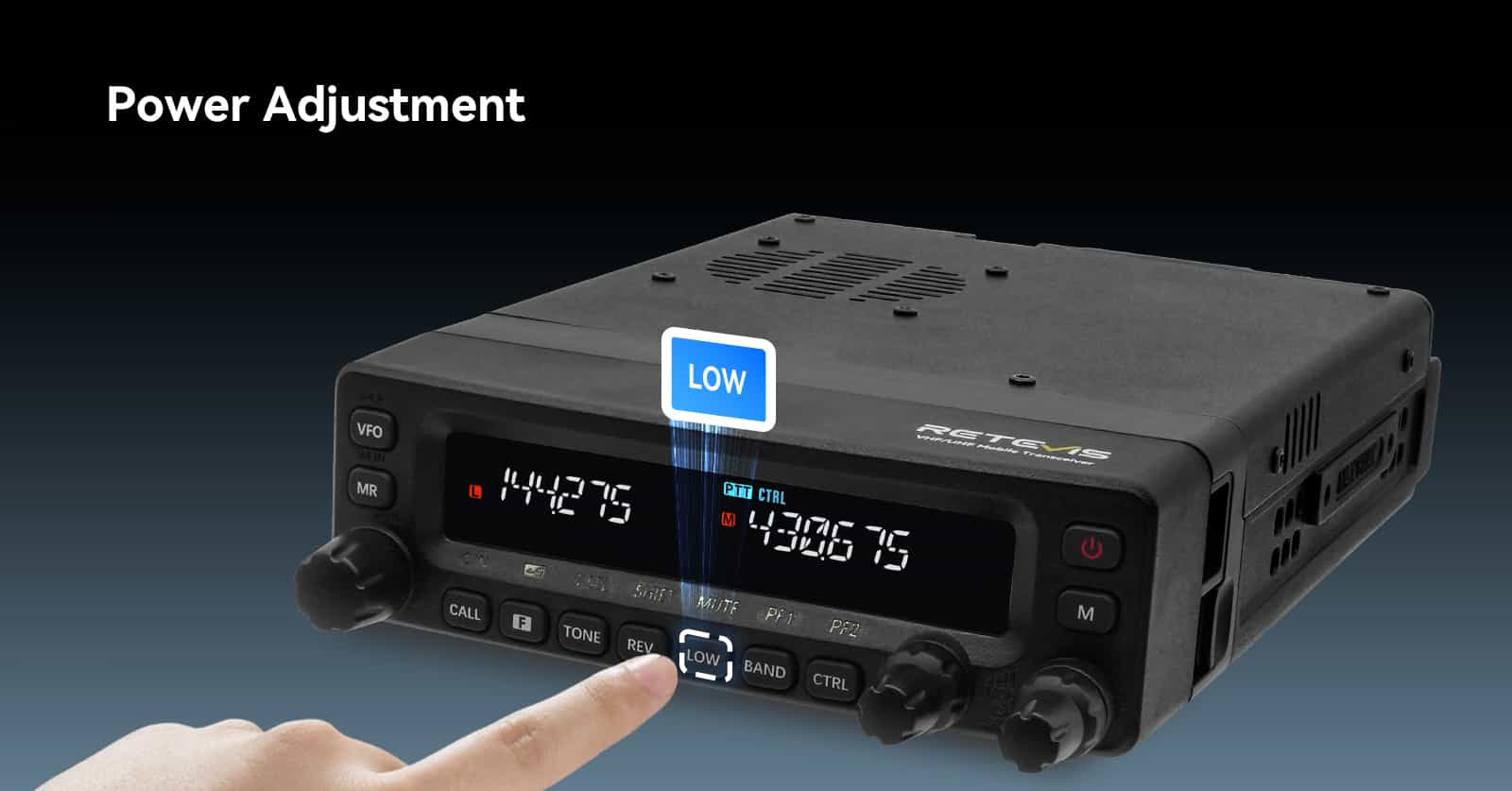 Black two-way radio featuring Retevis MA1 Dual Band 50W mobile ham radio design.