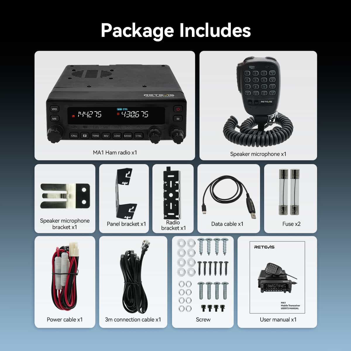 Retevis MA1 Dual Band 50W Superheterodyne Mobile Amateur Ham Radio package display