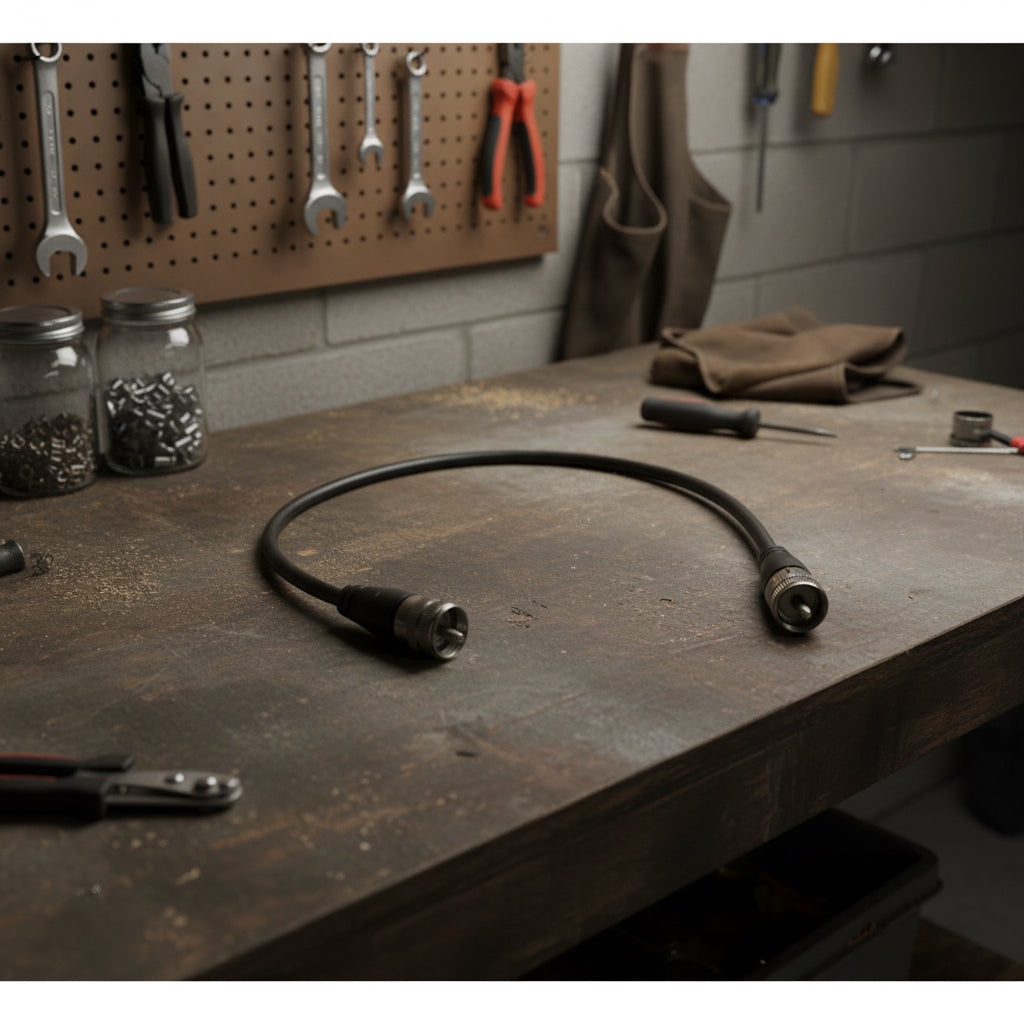 Black cable with two connectors on a white background