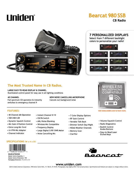 Uniden Bearcat 980 SSB Single Sideband CB Radio with 7 Color