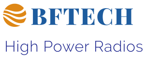 Logo for BFTECH High Power Radios with orange wavy circle design on covert acoustic tube earpiece