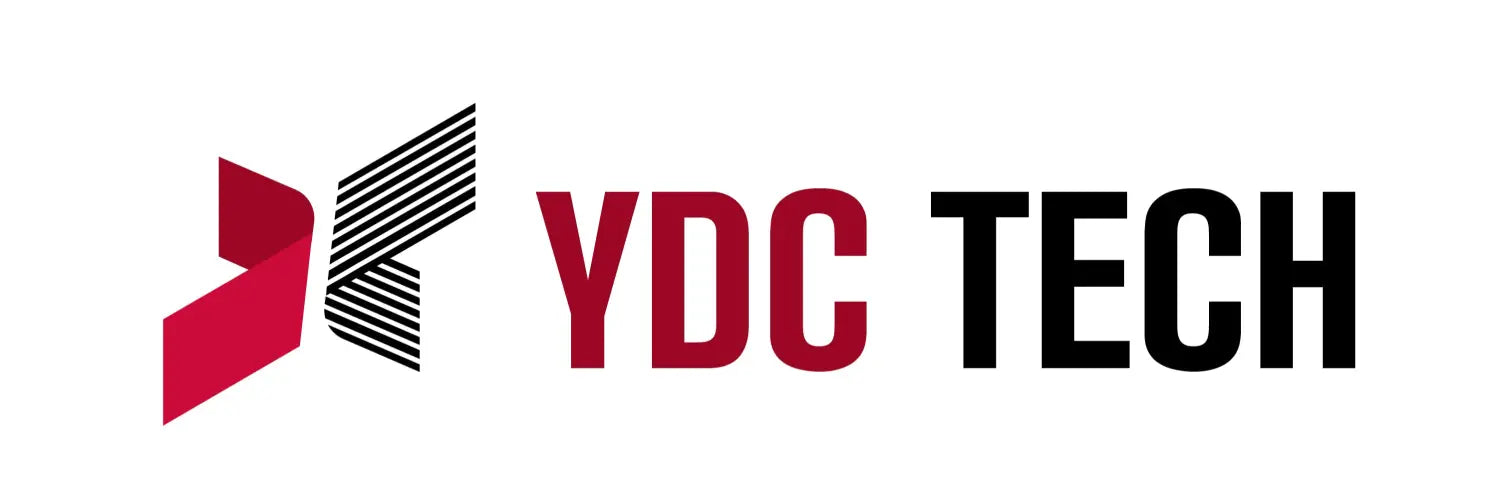 Company logo with red and black abstract design next to YDC TECH for waterproof VHF marine radio