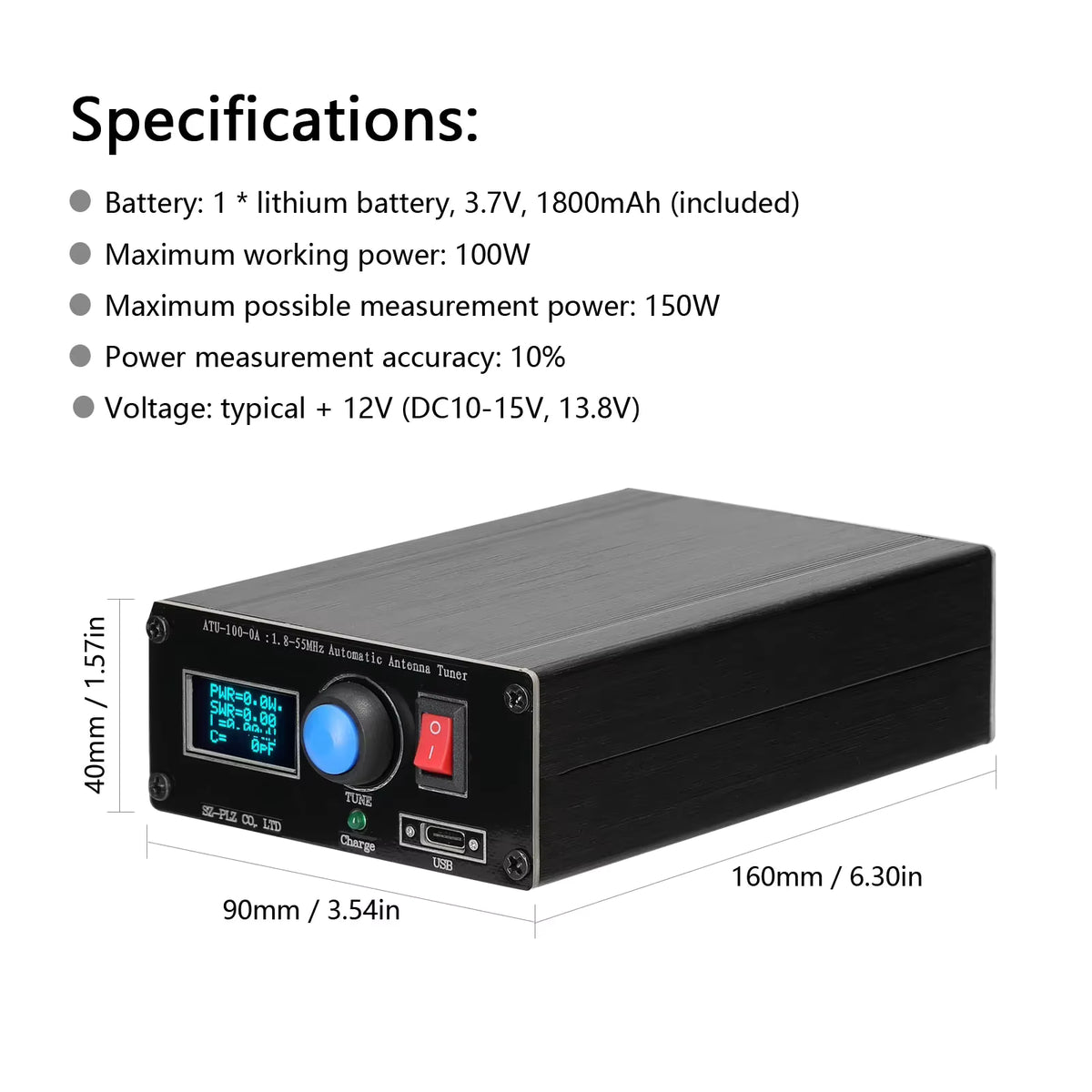 ATU-100-0A 1.8-55MHz Automatic Antenna Tuner (1800mAh Battery)