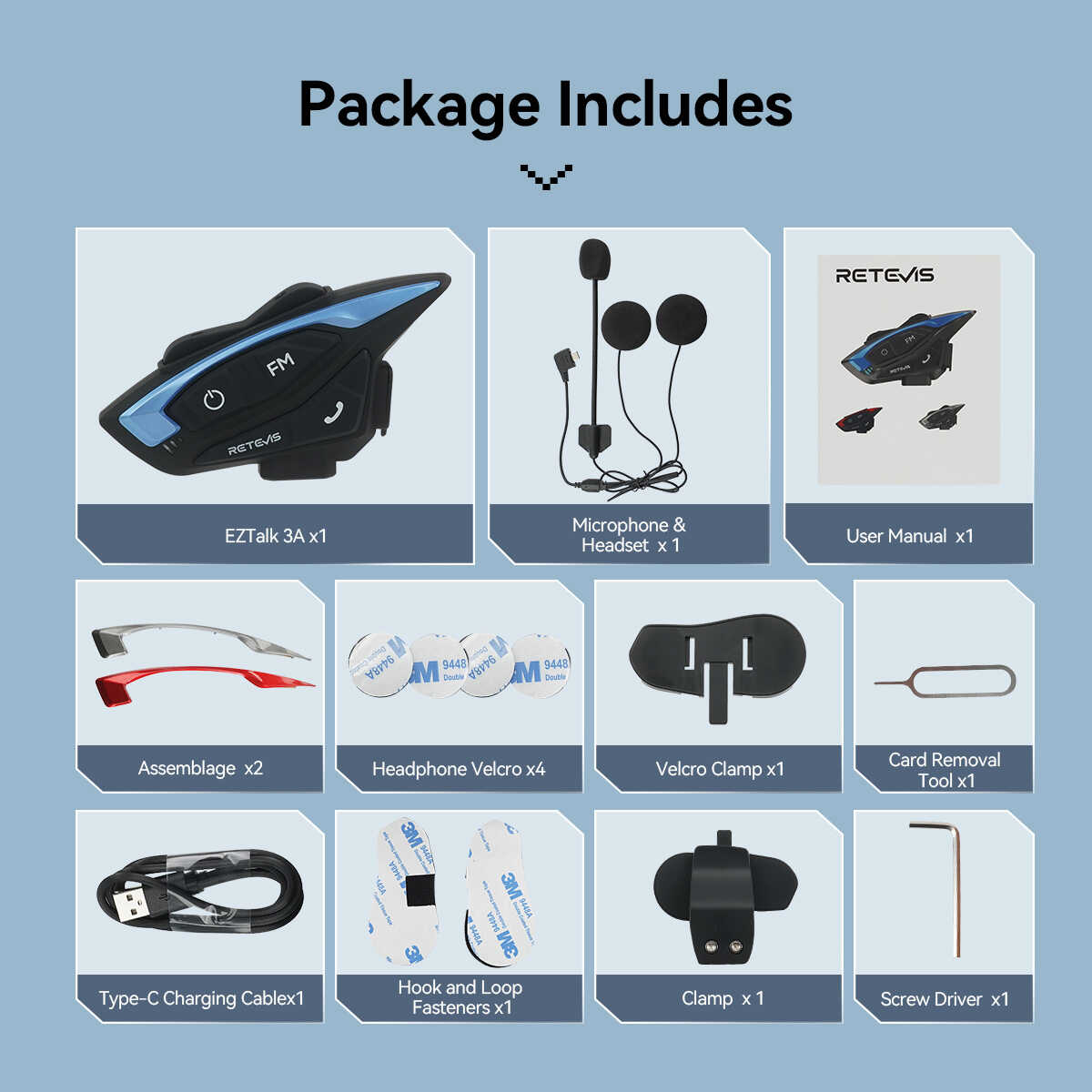 Retevis EzTalk 3A Motorcycle Bluetooth Helmet Intercom System (2-Pack)