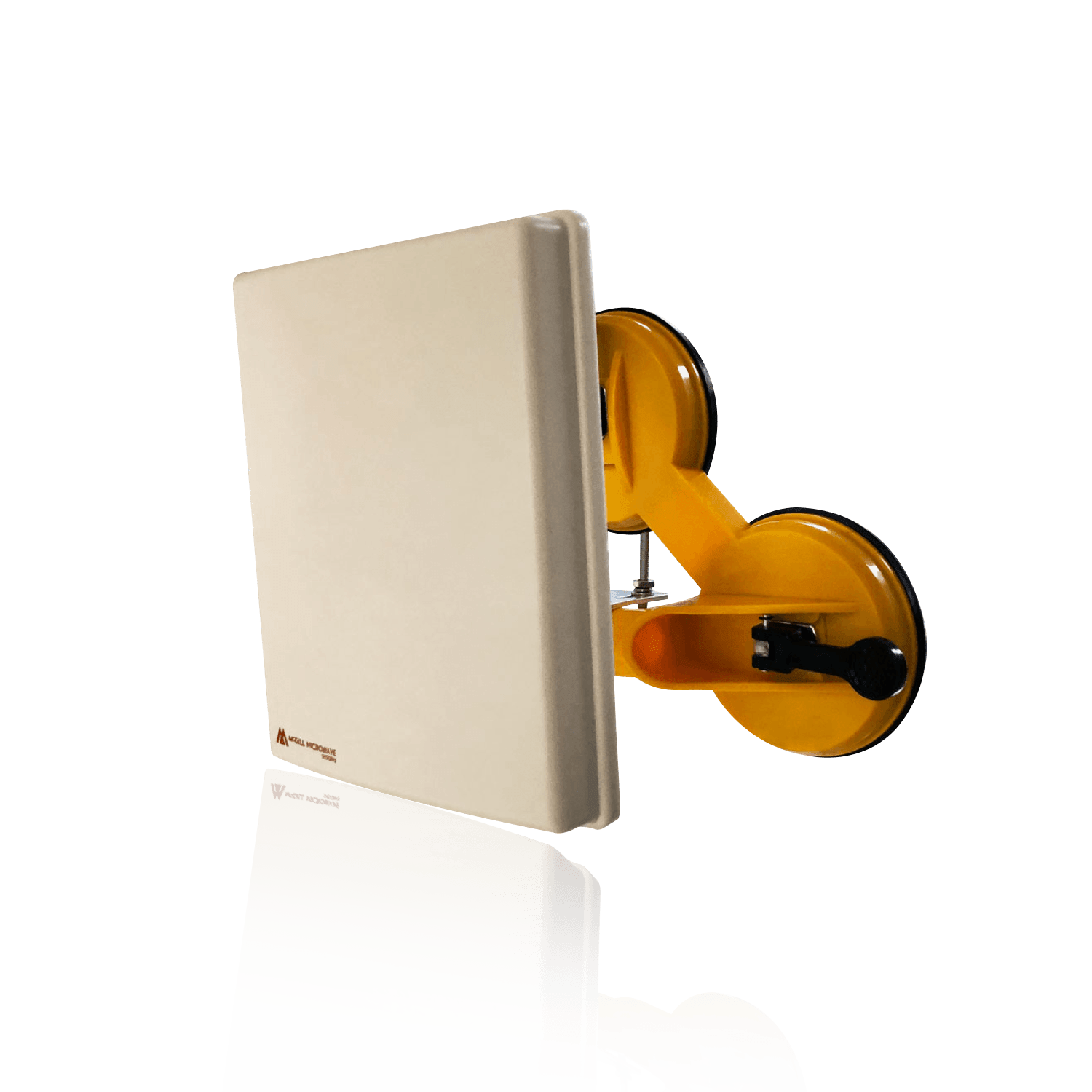 A yellow double suction cup glass lifter attached to a light-colored panel.