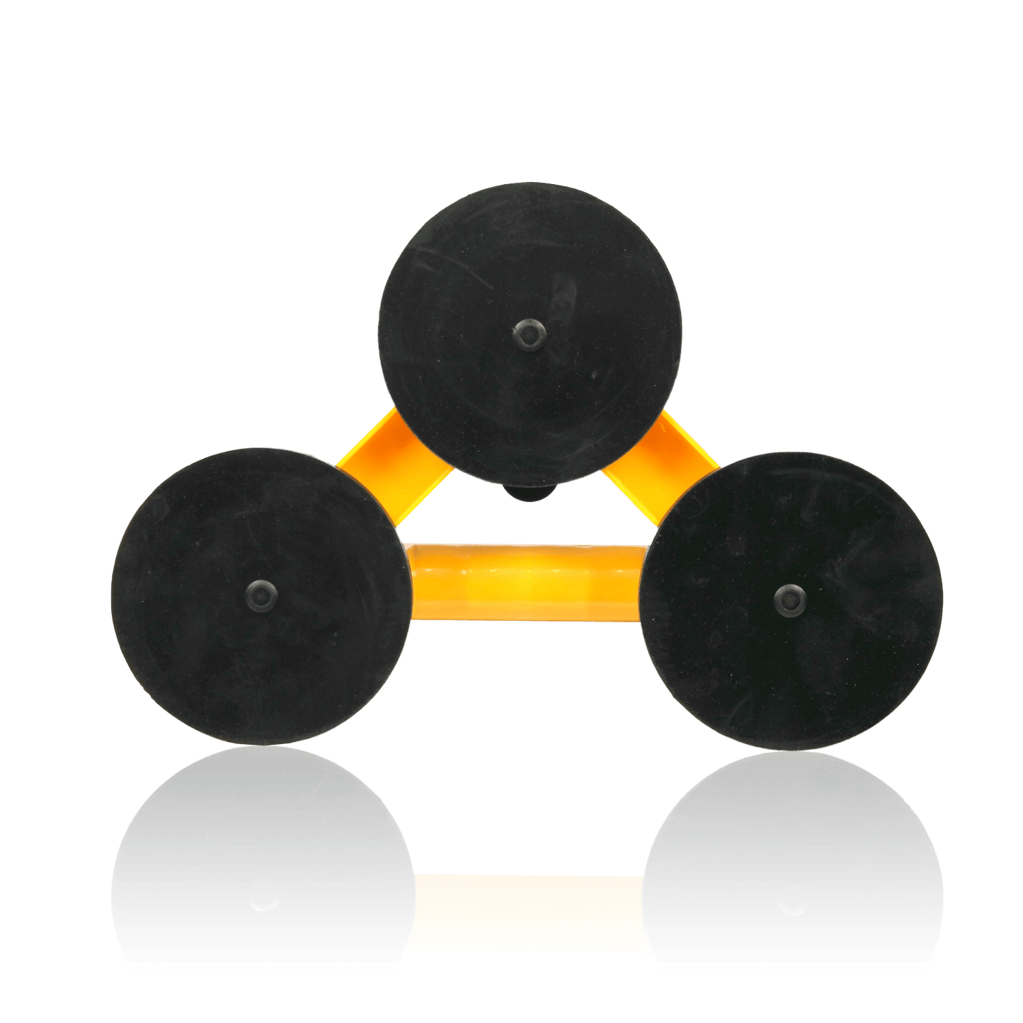 A yellow dumbbell rack holding five black weight plates.