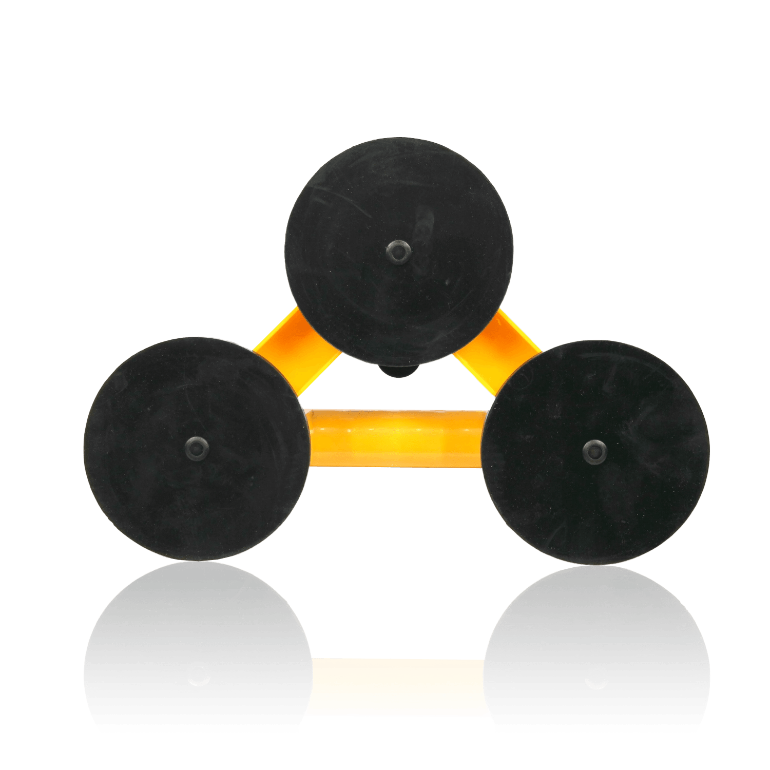 A yellow dumbbell rack holding five black weight plates.