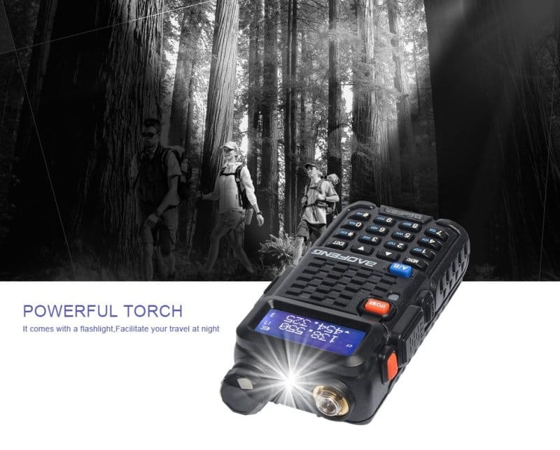 Black Baofeng BF-F8+ dual band ham radio with built-in flashlight and digital display