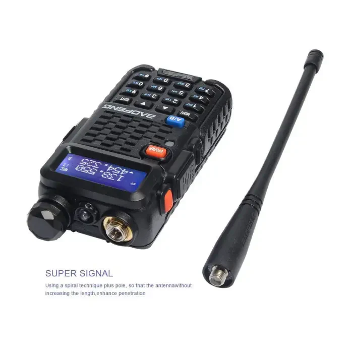 Black handheld two-way radio with a detachable antenna.