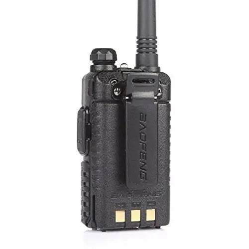 Black Baofeng walkie-talkie with a belt clip and antenna.
