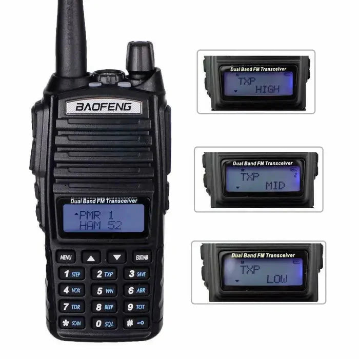 Black dual-band handheld FM transceiver with a keypad and display.