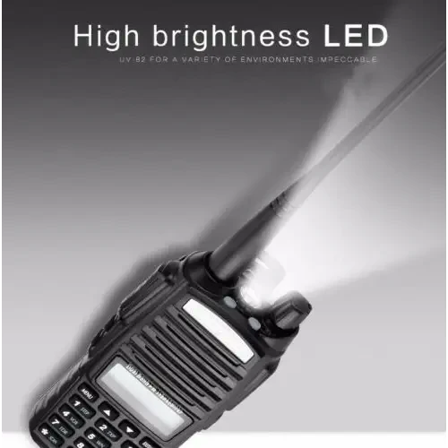 A black two-way radio with a built-in LED flashlight.