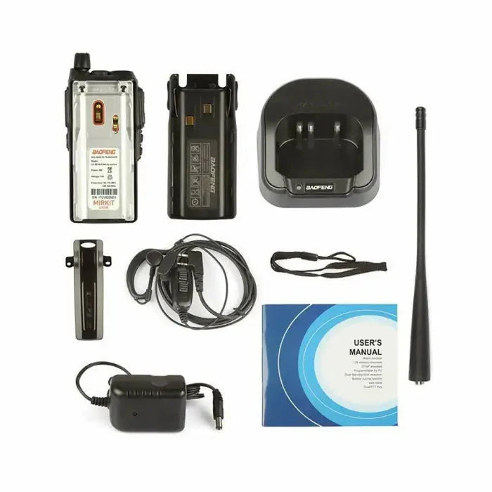 Complete walkie-talkie kit with radio, battery, charger, earphone, belt clip, antenna, and user manual.