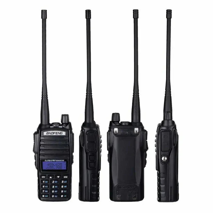 Four black two-way radios with antennas, shown from different angles.