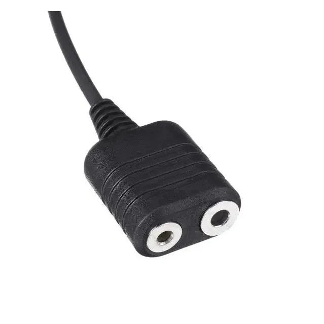 Black audio splitter with two jacks.