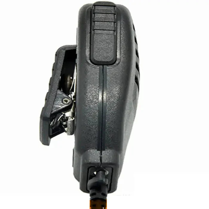 Black two-way radio speaker microphone with a belt clip and coiled cable.