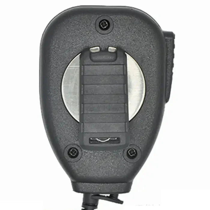 Black plastic two-way radio speaker microphone with a rotating belt clip.