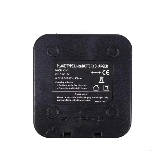 Black square Li-ion battery charger with visible product information.