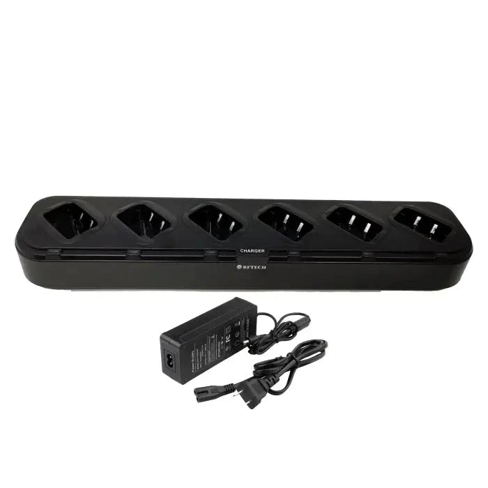 A black, multi-bay charging station with an AC adapter and power cord.