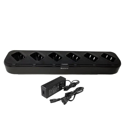 A black, multi-bay charging station with an AC adapter and power cord.