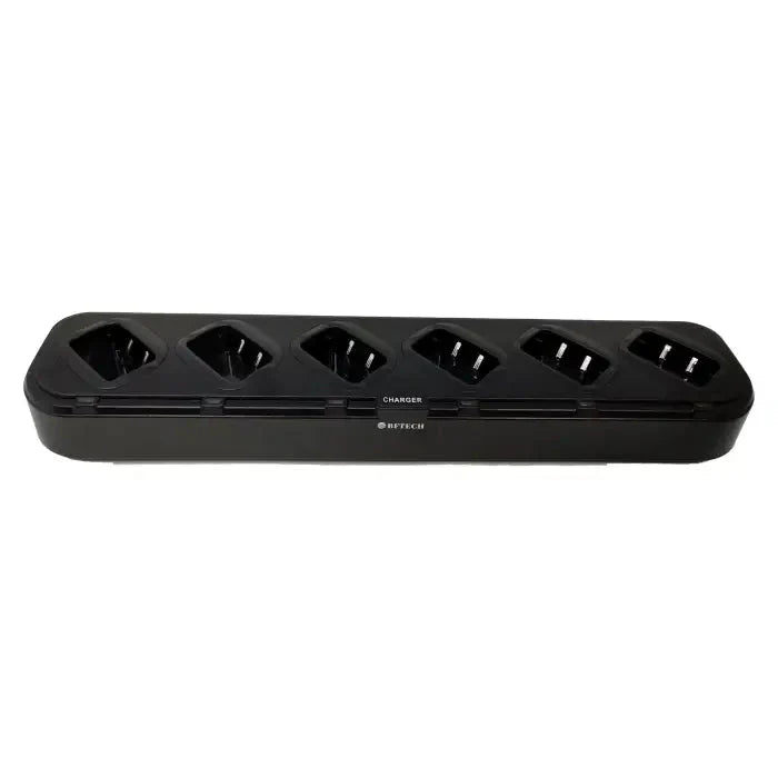 Black 6-slot multi-unit charger for batteries or radios.