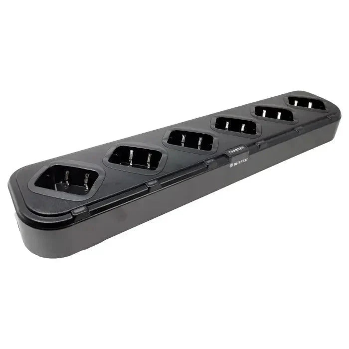 A black multi-slot battery charger with five charging bays.