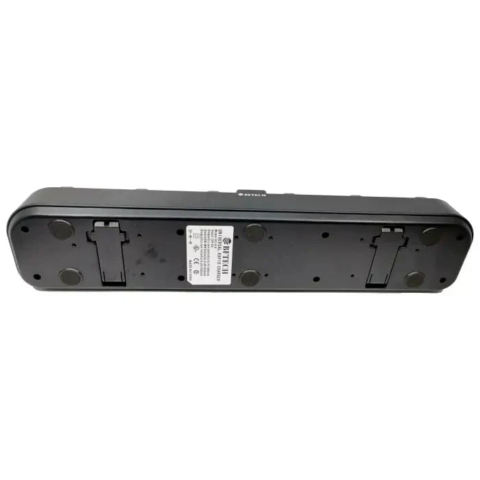 A black soundbar with an adjustable stand.