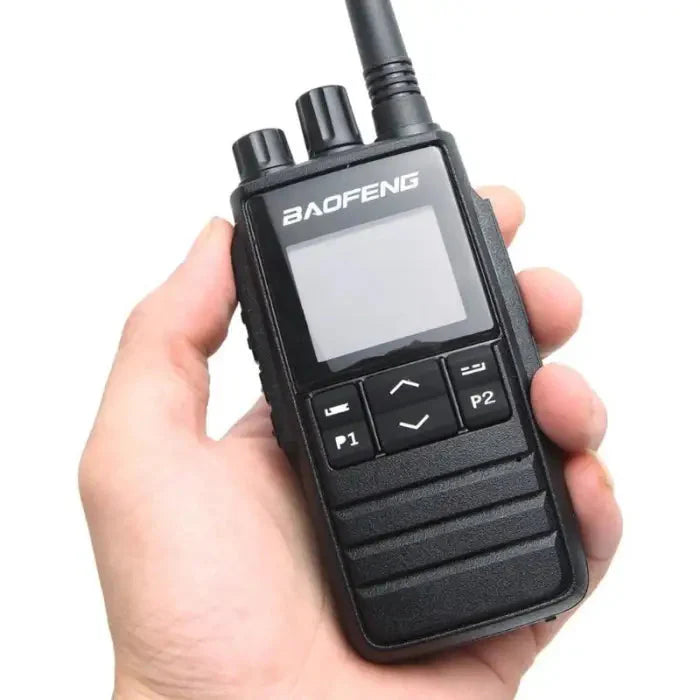 Black Baofeng walkie-talkie with a screen and control buttons