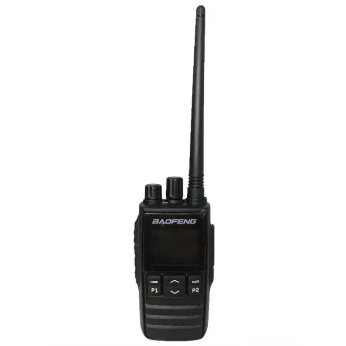 Black handheld two-way radio with an antenna.