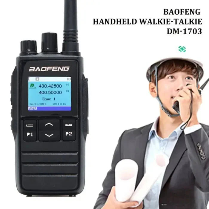Black Baofeng handheld walkie-talkie with a digital display.