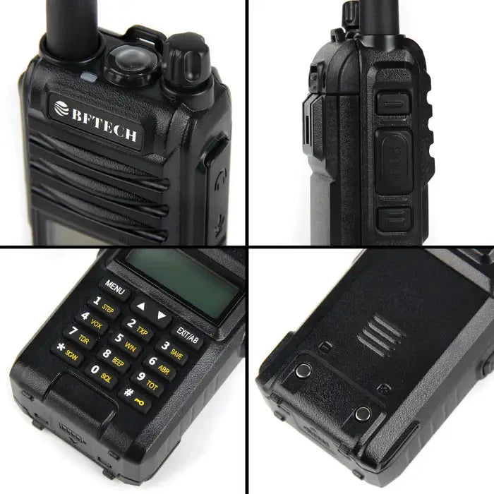 Black handheld two-way radio with a keypad and display.