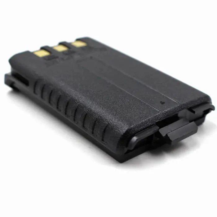 Black rechargeable battery pack with gold-colored contacts.