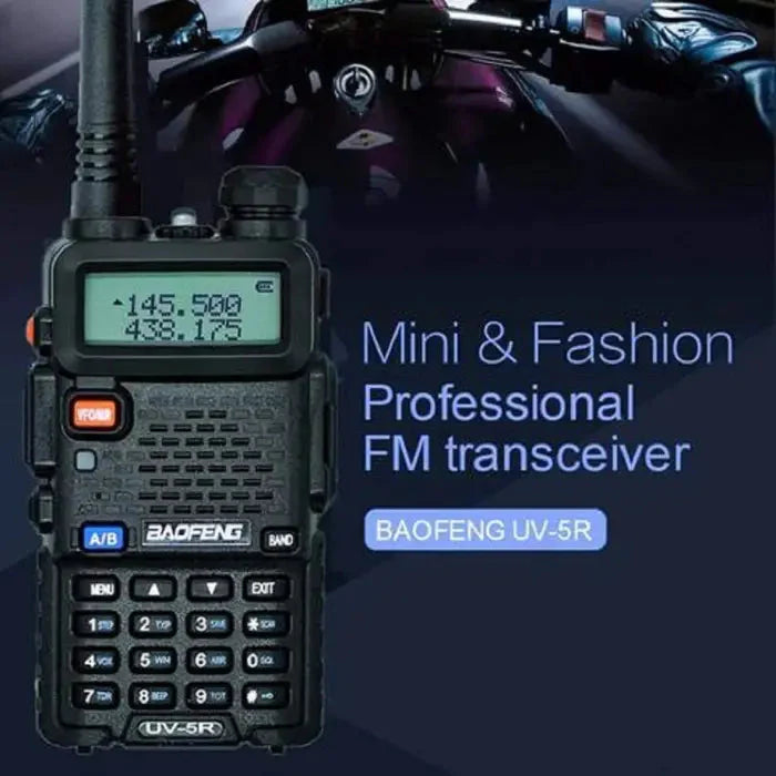 Black handheld two-way radio with a digital display and alphanumeric keypad.