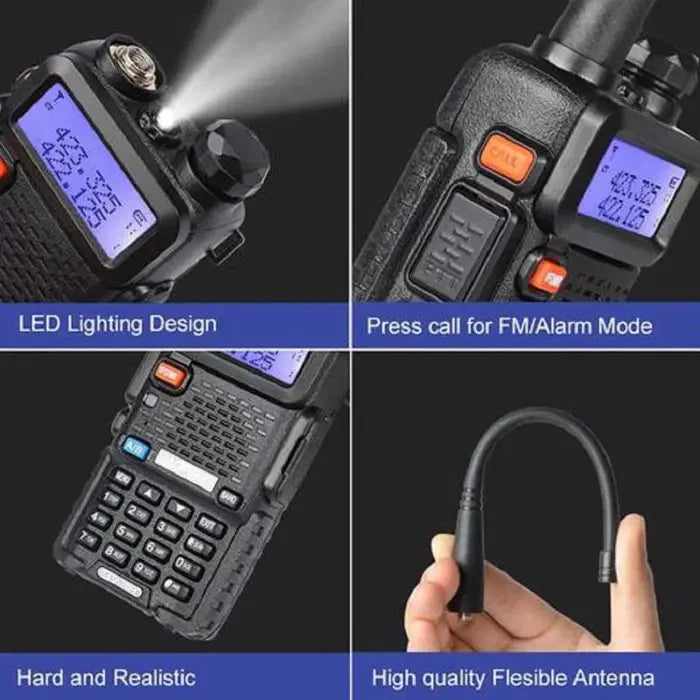 A black two-way radio with a display and keypad, featuring an LED light and a flexible antenna.