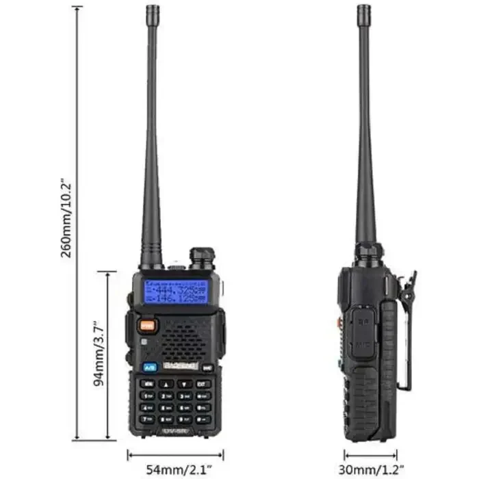 Black two-way radio with antenna and display, showing its dimensions.