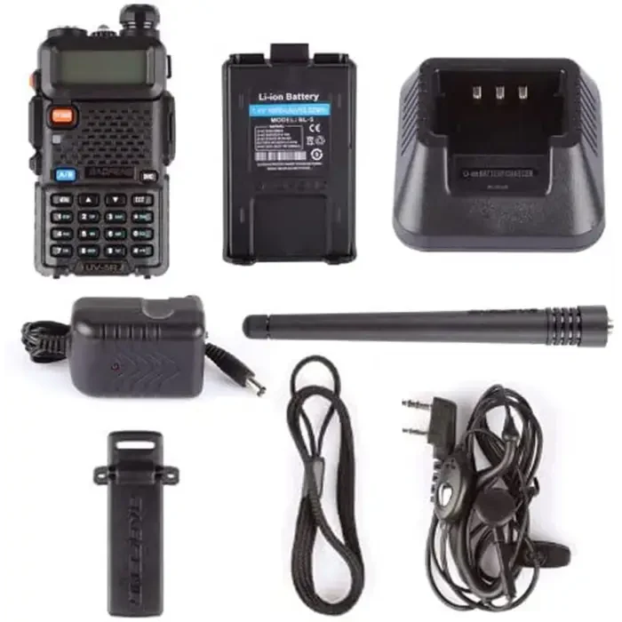 Complete walkie-talkie kit with radio, battery, charger, antenna, belt clip, lanyard, and earpiece.