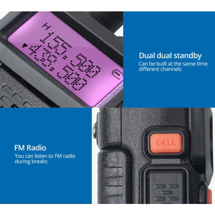 A two-way radio with a digital display and orange ’CALL’ button.