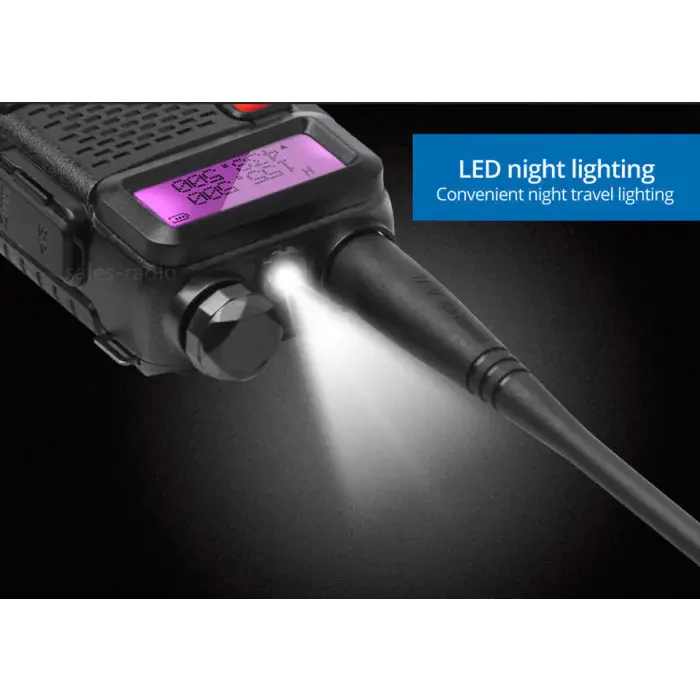A two-way radio with an illuminated display and a built-in LED flashlight.