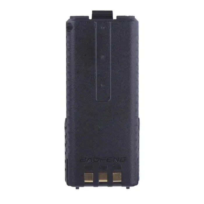 Black Baofeng walkie-talkie battery pack with three gold contact points