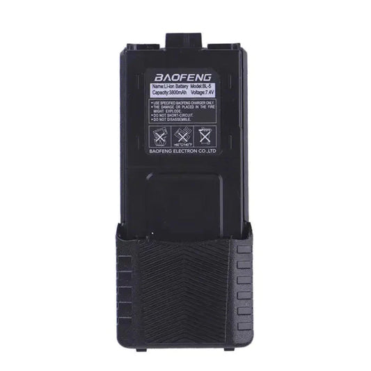Black Baofeng walkie-talkie battery with a capacity of 3800mAh and 7.4V.