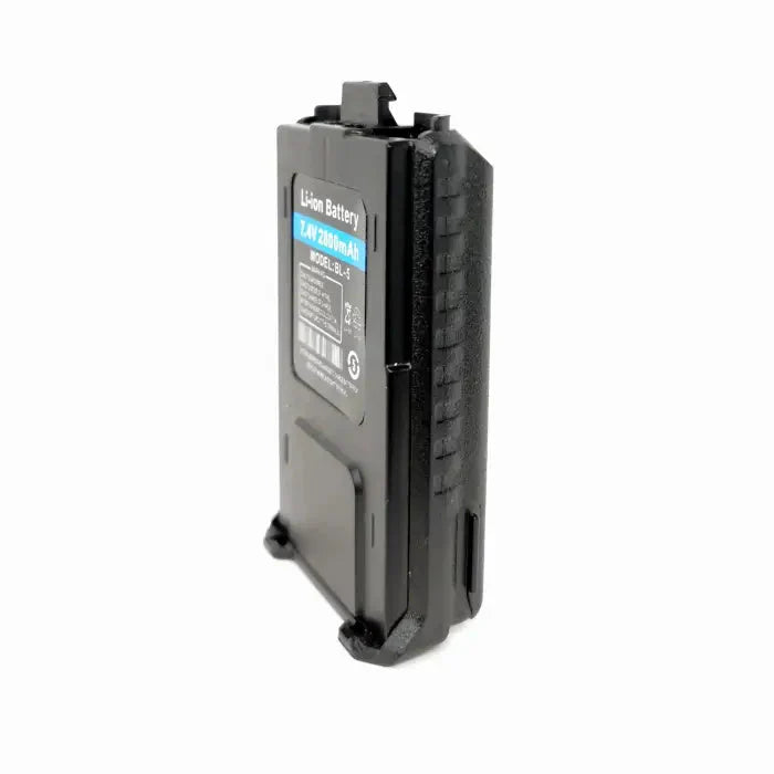 Black rectangular portable radio battery.