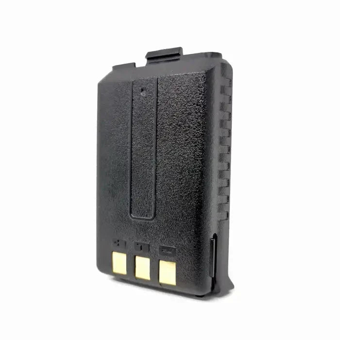 Black two-way radio battery pack with gold-colored contacts.